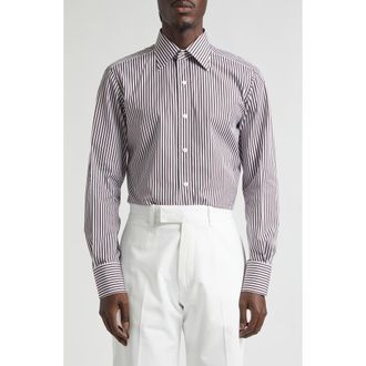 Tom Ford Slim Fit Ladder Stripe Button-Up Shirt in White/Brown at Nordstrom, Size 40