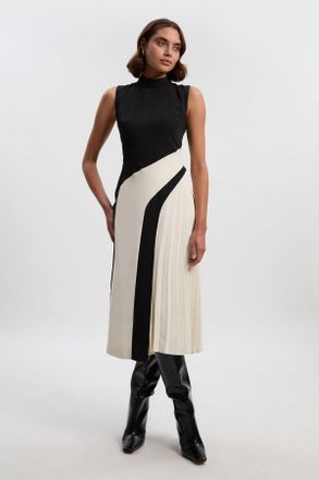 Karen Millen Womens Petite Soft Tailored Colour Block High Neck Pleated Midi Dress - Monochrome Multi - Size 12 UK