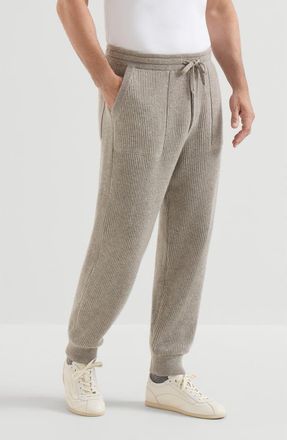 Brunello Cucinelli Cashmere English rib knit joggers in Stone Grey at Nordstrom, Size X-Large
