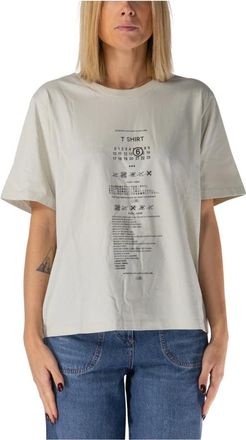 Maison Margiela Tops, Dames, Wit, L, Katoen, Bedrukt Crewneck T-shirt
