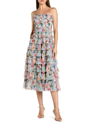 Mac Duggal Printed Mesh Ruffle Strapless Midi Dress in Blue Multi at Nordstrom, Size 12