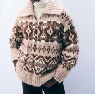 White + Warren Alpaca Blend Fair Isle Bomber Sweater In Brown Combo