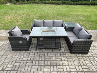 Fimous Garden Patio Furniture Wicker Rattan Gas Fire Pit Table & Sofa Chair set with Side Table in Dark Grey