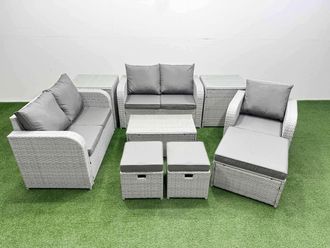 Fimous High Back Poly Rattan Garden Furniture Set w/ Reclining Chair Loveseat Sofa Rectangular Coffee Table Indoor Outdoor Patio Set 3 Stools 2 Side