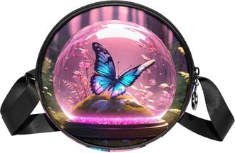 Generic Circle Crossbody Bag for Women, Butterfly Crystal Ball Small Sling Bag Daypack with Zipper Adjustable Shoulder Straps Casual Ladies Girls Round Purse