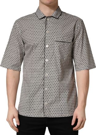 Dolce & Gabbana Black White Geometric Pattern Collared Mens Shirt