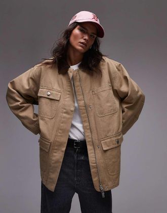 Arket oversized padded workwear barn jacket with flap pockets and contrast collar-Neutral
