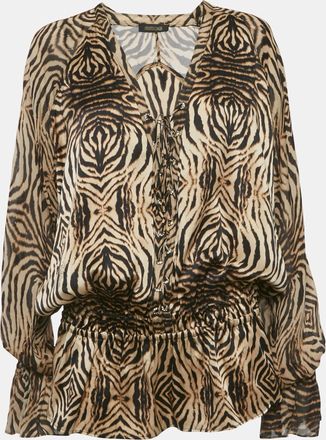 Roberto Cavalli Brown Tiger Printed Silk Tie Up Detail Top