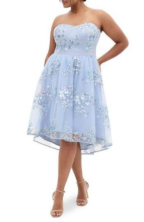 City Chic Ambrosia Sequin Floral Print High-Low Dress in Soft Blue at Nordstrom Rack, Size S/16W