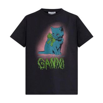 Ganni T-Shirts, female, Black, Size: XS Graphic Print Cotton T-Shirt