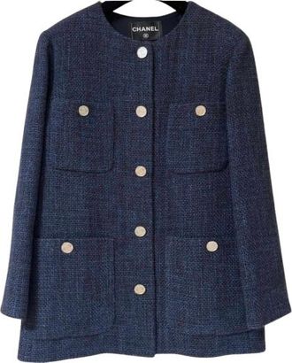 Chanel Blue Tweed Button Front Jacket Size S