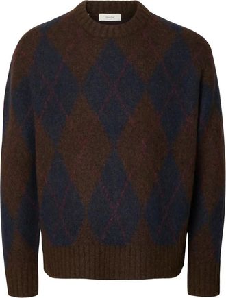Selected Geborstelde Argyle Trui met Ronde Hals - Heren - Truien - Bruin - Maat: S Poliester