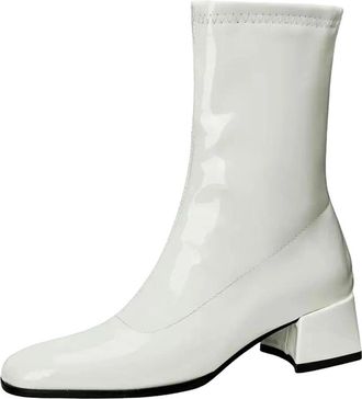 Generic Womens Mid Calf Boots Round Toe Medium Chunky Heel With Side Zipper And Glossy Finish For Dating And Outings