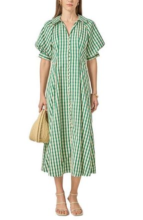 English Factory Gingham Puff Sleeve Midi Shirtdress in Green at Nordstrom, Size X-Small