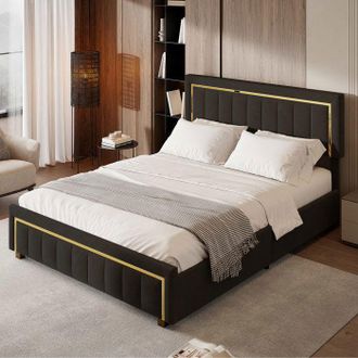OEM Cama Lit 140x200 De Terciopelo Negro Con Bordes Chapados En Oro, Cabecera Y Somier De Lamas - 2 Plazas