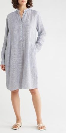 Eileen Fisher Stripe Long Sleeve Organic Linen Shirtdress in Ink at Nordstrom Rack, Size Xx-Small
