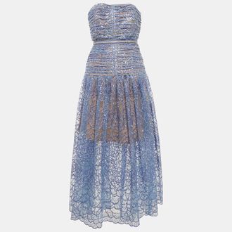 Self Portrait Blue Embroidered Sequin Strapless Midi Dress