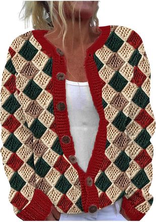 Generic Christmas Cardigan for Women Xmas Tree Printed Coat Button Down Sweater Novelty Funny Jacket Long Sleeve Sweatshirt Open Front Cardigans Holiday Casua