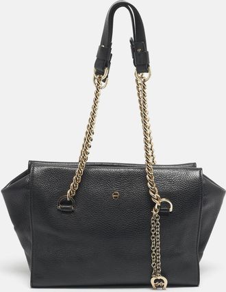 Aigner Black Leather Charm Chain Tote