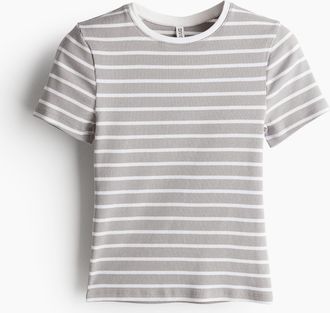 H&M Figurbetontes T-Shirt - Hellgrau/Gestreift