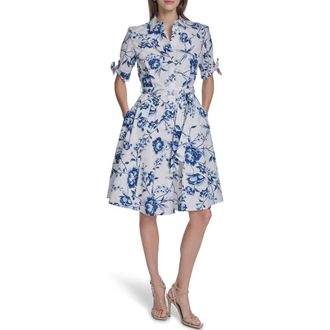 Calvin Klein Short Sleeve Cotton Shirtdress in Cream Multi at Nordstrom Rack, Size 10