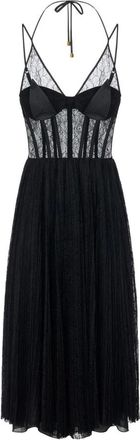 Elisabetta Franchi Kleedjes, Dames, Zwart, M, Satijn, Midi Jurk in Bloemige Kant