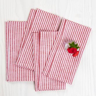 Solino Home Linen Dinner Napkins Set of 4, 20 x 20 Inch for Dining Table, Holiday and Everyday Table Decor - Narrow Stripe in Red And White at