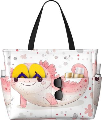 Generic Cute Axolotl Print Large Beach Bag Foldable Travel Shoulder Tote Bag With Pocket For Weekender Pool Vacation