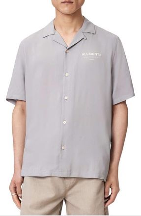 AllSaints Underground Logo Graphic Camp Shirt in Clouded Grey at Nordstrom, Size Xx-Large