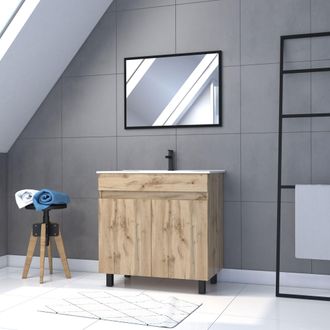 Aurlane Mueble De Ba&ntilde;o 80cm 2 Puertas Acabado Roble - Lavabo Blanco+ Espejo - Timber 80 - Pack25