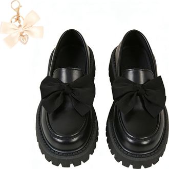 Generic Bowknot Retro Thick-Soled Shoes, 2026 Patent Leather Slip-On Flats Chunky Platform for Office Business Daily Wear (Black-b, Adult, Women, 6.5, Numeric