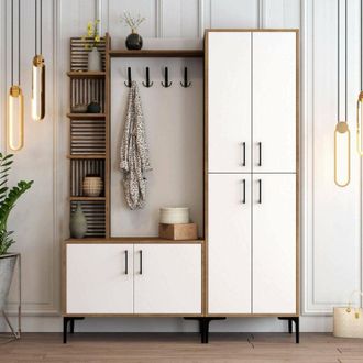 Dmora Dmora - Muebles De Entrada Vivian, Entrada Para Perchas, Composici&oacute;n Para Atrio, Consola De Almacenamiento Multifunci&oacute;n, 150x200 H35 Cm, Nogal Y Blanc