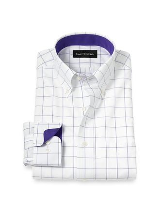 Paul Fredrick Tailored Fit Non-iron Cotton Windowpane Dress Shirt With Contrast Trim