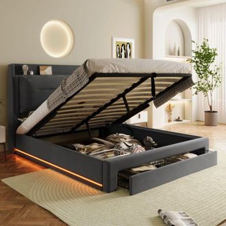 C&A King Size Upholstered Bed 150x200cm with Hydraulic Storage,LED Lights,Slatted Frame,Dark Gray Velvet
