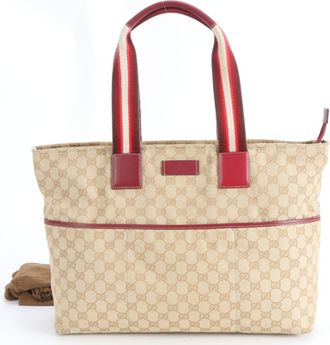 Gucci Gg Canvas Beige Red Color Gg Canvas Leather Handbag Tote Bag (Pre-Owned)