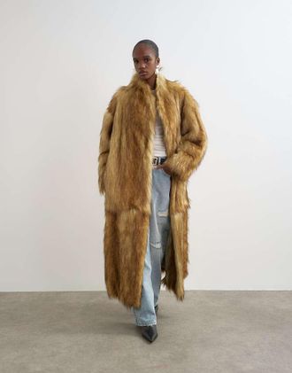 Topshop Cappotto lungo in pelliccia sintetica marrone