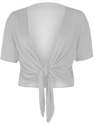 Crazy Girls GOSTYLES Womens Plain Tie-Up Front Cropped Bolero Shrug, Ladies Short Sleeve Lightweight Summer Cover-Up Crop Cardigan Blouse (Light Grey, 3XL)