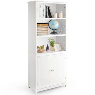 Costway Costway Wooden Tall Bookcase 3-Tier Shelving Storage Cabinet 2 Doors Display Organizer in White