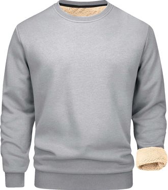 Generic Mens Fleece Round Neck Fleece Jumpers Sweatshirt Sherpa Lined Pullover Sweater Thick Warm Winter Sweatshirt Thermal Fluffy Sweatshirt Casual Solid Col