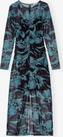 Ganni Blue Printed Mesh O-neck Ruched Long Dress - Size 10/12