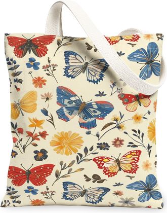 Generic Butterfly Floral Canvas Tote Bags, Colorful Insect Pattern Reusable Grocery Bags, Spring Vintage Lightweight Washable Shoul, Multicolor, 13x15 Inch