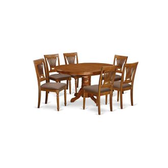 East West Furniture AVPL7-SBR-C 7 PcAvon Dining Table featuring Leaf and 6 Fabric Seat Chairs in Saddle Brown