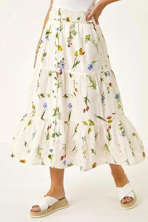 Roman Floral Print Shirred Midi Skirt