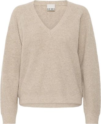 Ichi Gezellige Havermout Melange Gebreide Trui - Dames - V-hals truien - Beige - S - Wol - Truien & Vesten