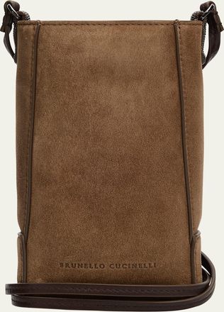 Brunello Cucinelli Mini Suede Phone Crossbody Bag with Monili Beading
