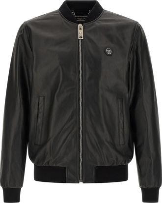 Philipp Plein Black Lambskin Leather Mens Jacket