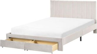 Beliani Bed with Storage Drawers Velvet LONZAC 140 x 200 cm (EU Double) Off-White