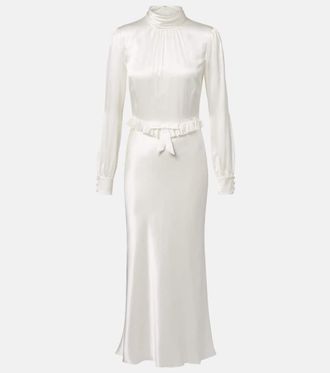 Alessandra Rich Vestido midi de sat&eacute;n de seda con volantes y lazo