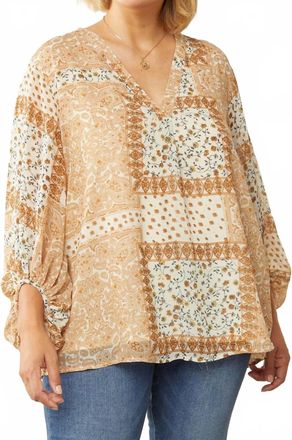 Entro Mixed Print Bubble Sleeve Blouse - Plus In Beige