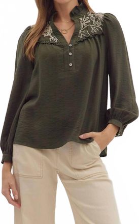 Entro Elowen Embroidered Ruffle-Collar Top In Olive